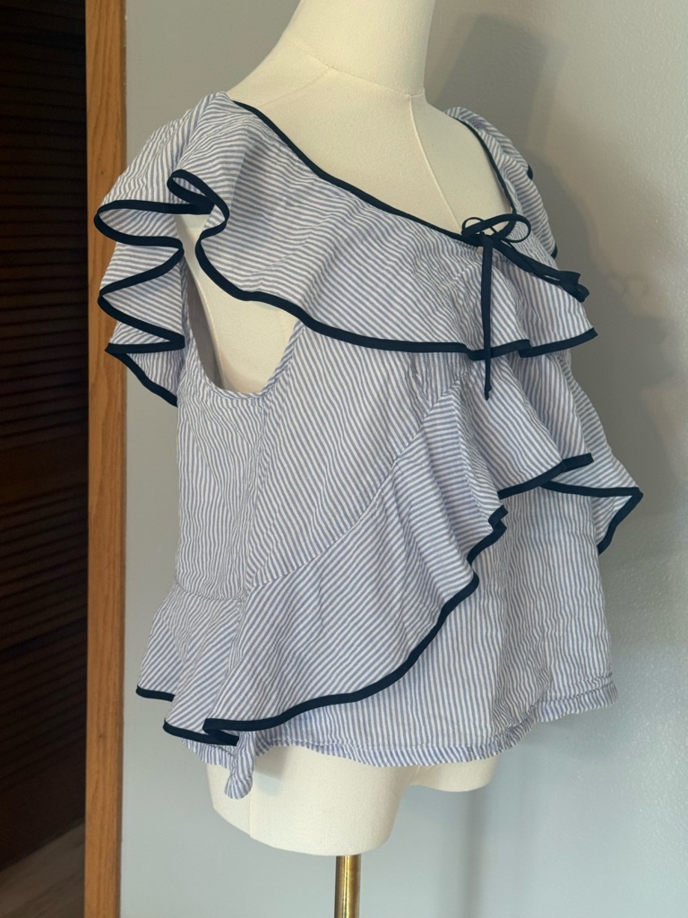 J. Crew Blue and White Striped Ruffle Off-Shoulder Top - Picture 3 of 6